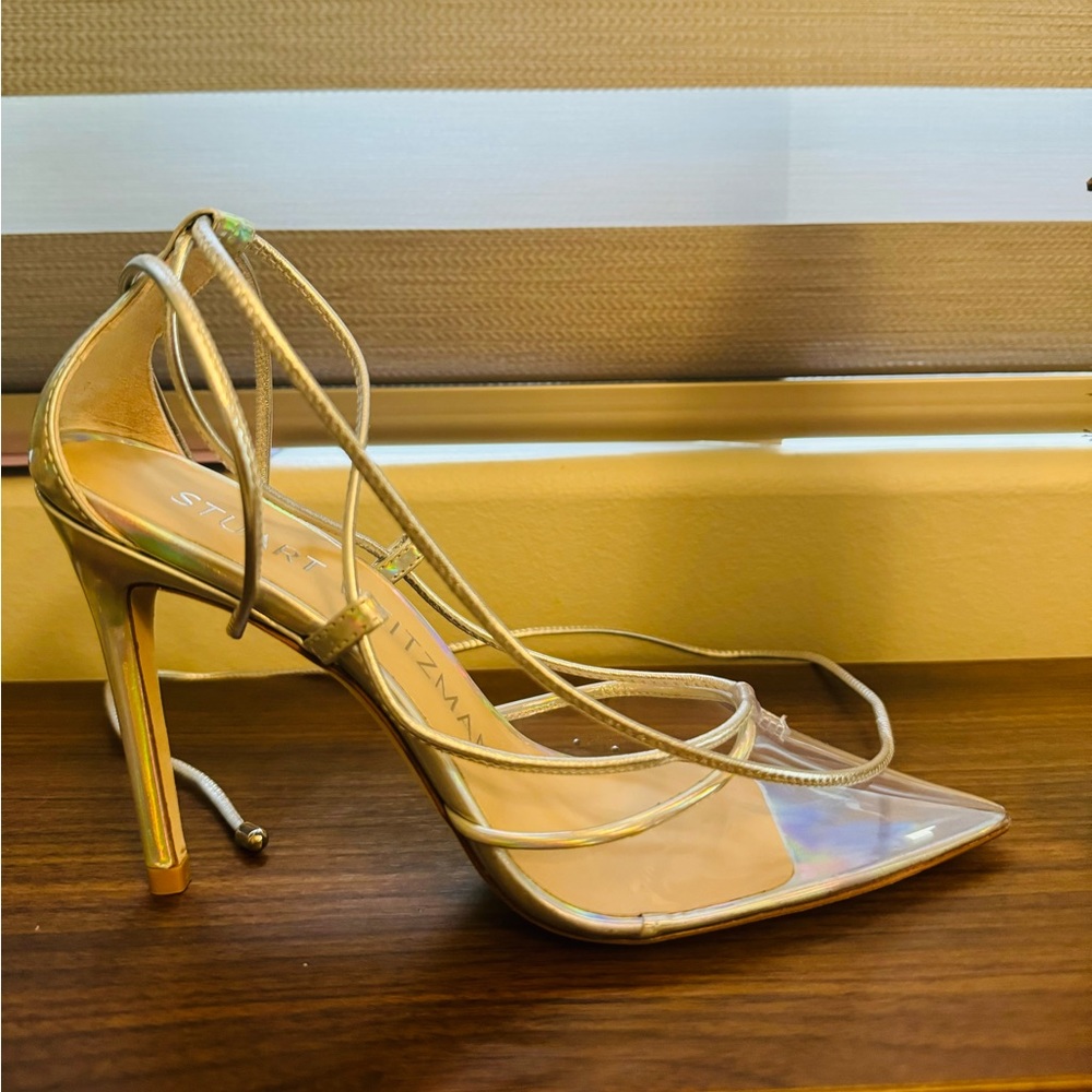 Stuart Weitzman Stuart Lace-Up Point Toe Stiletto Pump in Silver/Clear - Picture 4 of 6